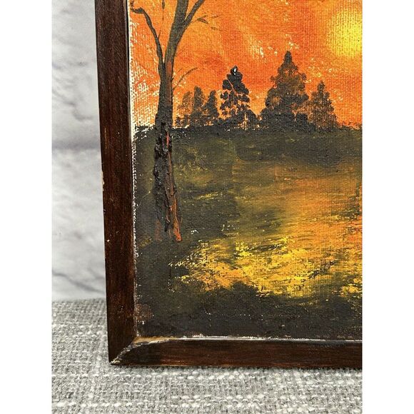 Vintage Path Windmill Painting Scene Sunset Farm 8"x10" Wood Frame 70s Elma Leaf - Picture 4 of 14